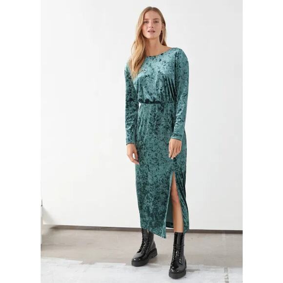 & Other Stories Velvet Keyhole Back Midi Dress Long Sleeve Teal Green Size 4 - Picture 2 of 15